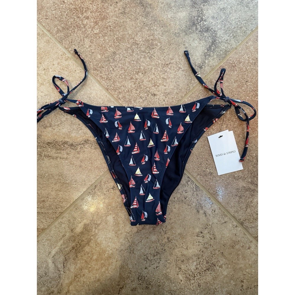 Women's Solid & Striped Blue Sailboat Low-Rise Side-Tie Bikini Bottom Medium NWT